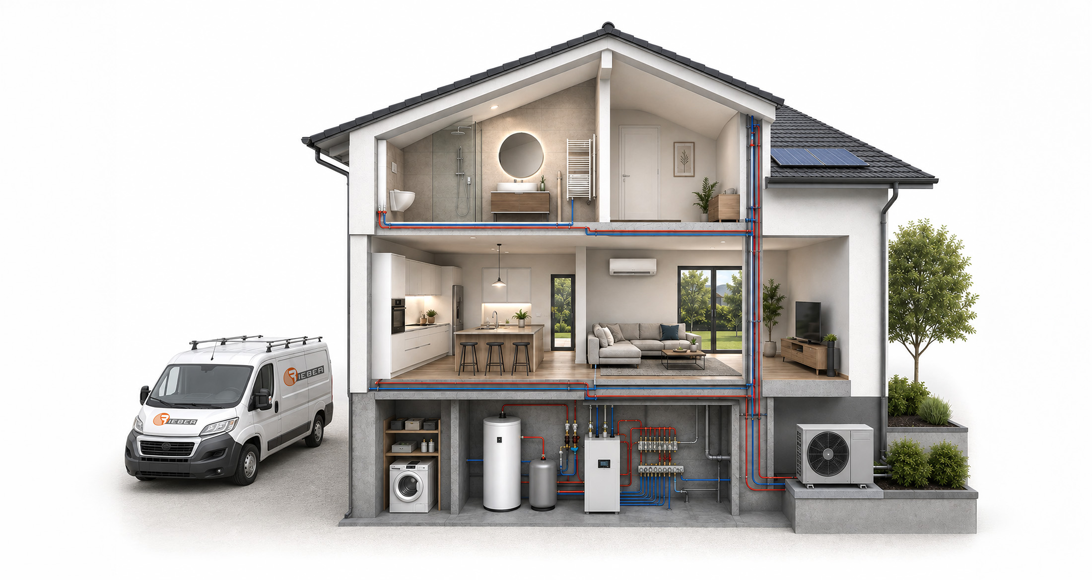 Haus mit Bad, Küche, Wohnbereich, Heizungsanlage, Wärmepumpe und Servicefahrzeug